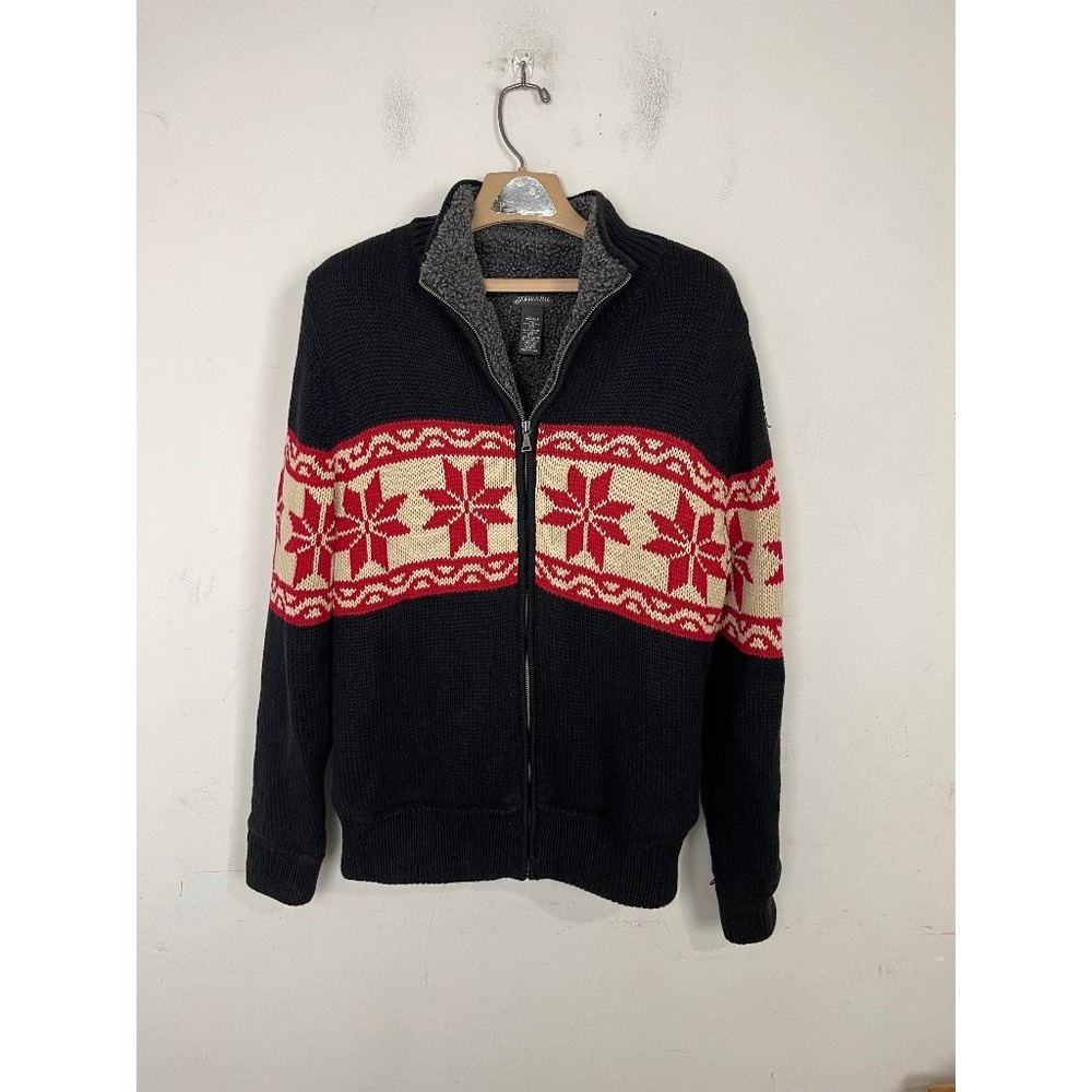 St Johns Bay Mens Sweater Cardigan Medium Fair Isle Snowflake Fleece Lined Ski